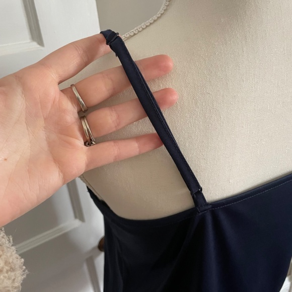 Navy blue mini check covered button blouse mandarin collar - Picture 9 of 12